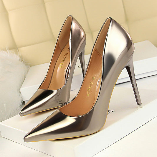 Fashionable Metal Heel High Heels Women Shoes High Heel Low Cut Pointed Toe Sexy Nightclubs Thinner Pumps