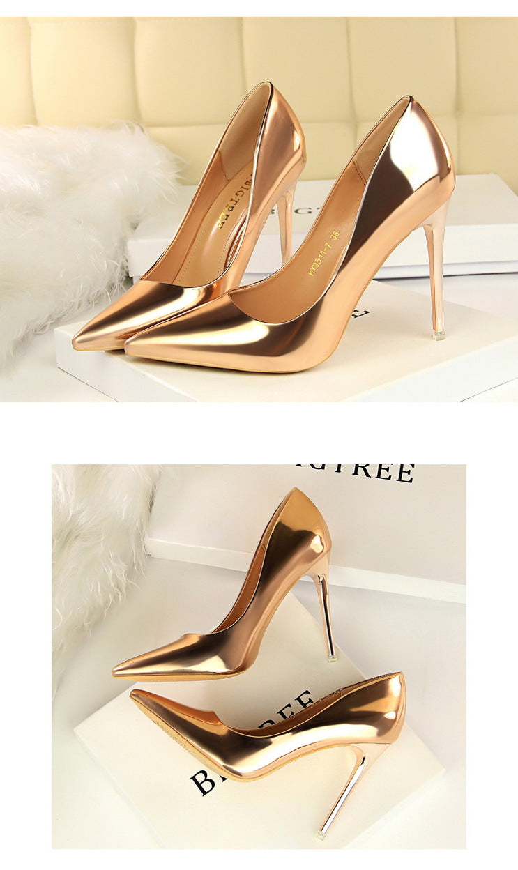 Fashionable Metal Heel High Heels Women Shoes High Heel Low Cut Pointed Toe Sexy Nightclubs Thinner Pumps