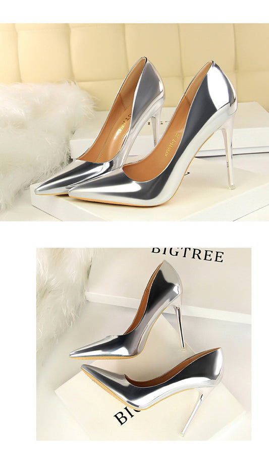 Fashionable Metal Heel High Heels Women Shoes High Heel Low Cut Pointed Toe Sexy Nightclubs Thinner Pumps