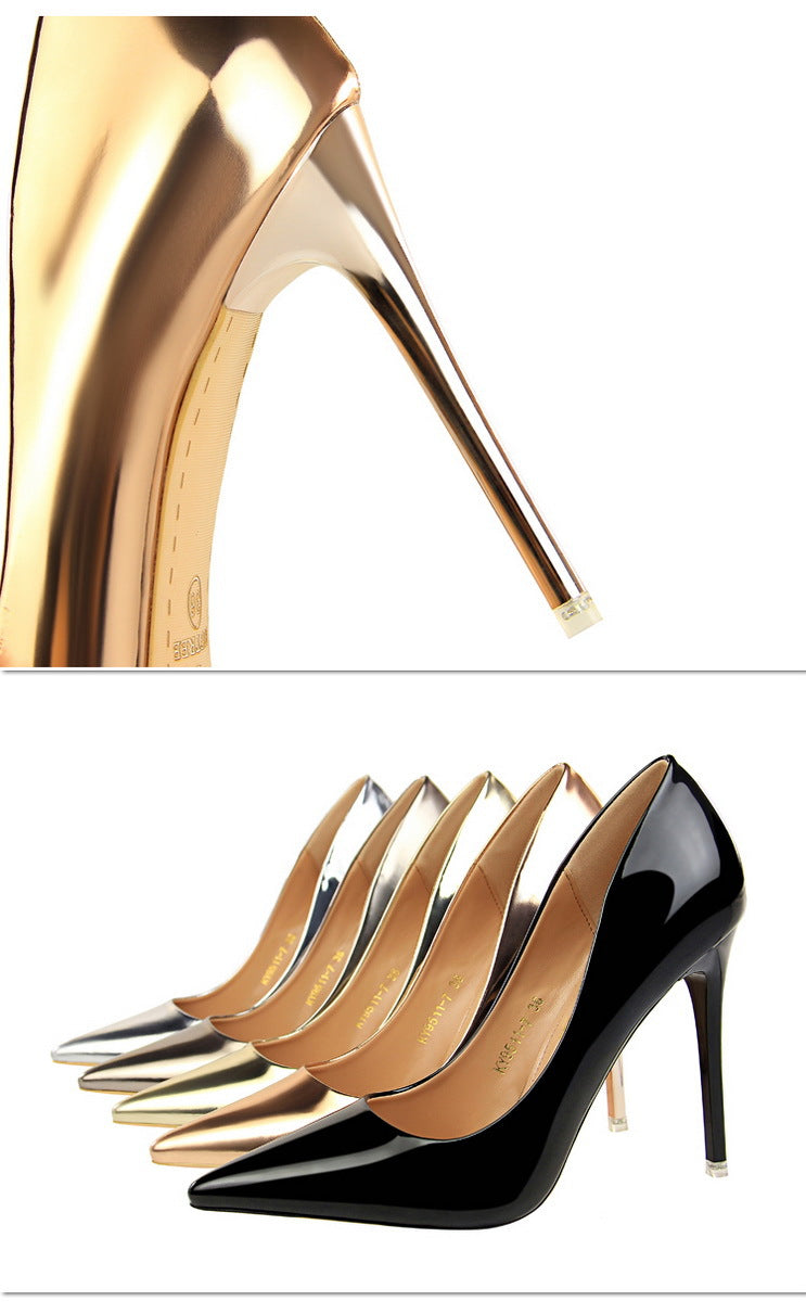 Fashionable Metal Heel High Heels Women Shoes High Heel Low Cut Pointed Toe Sexy Nightclubs Thinner Pumps