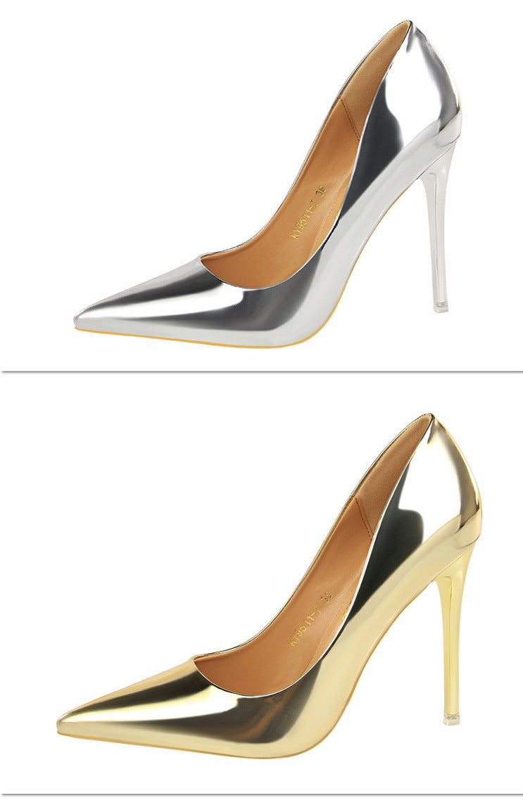Fashionable Metal Heel High Heels Women Shoes High Heel Low Cut Pointed Toe Sexy Nightclubs Thinner Pumps