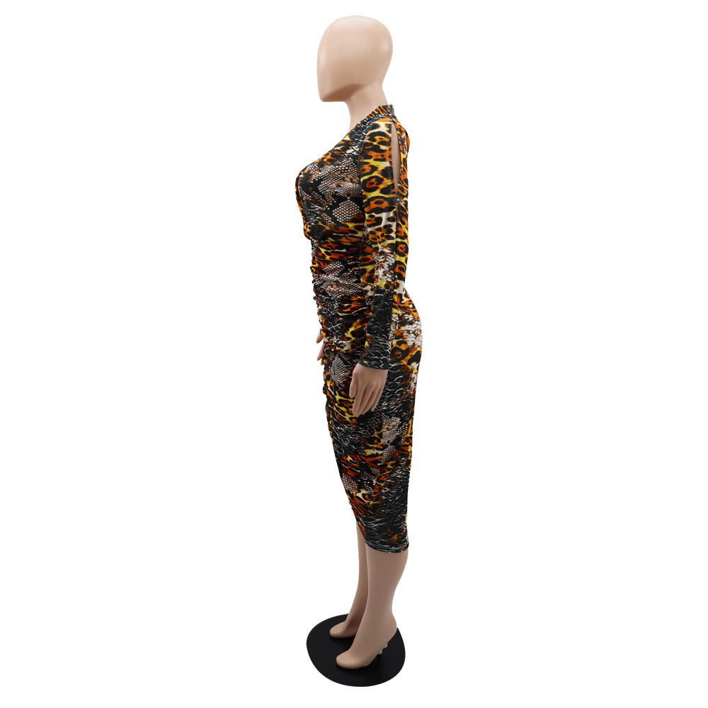Pleated Irregular Asymmetric Long Sleeve Deep V Plunge Leopard Print Spring Autumn Women Dress