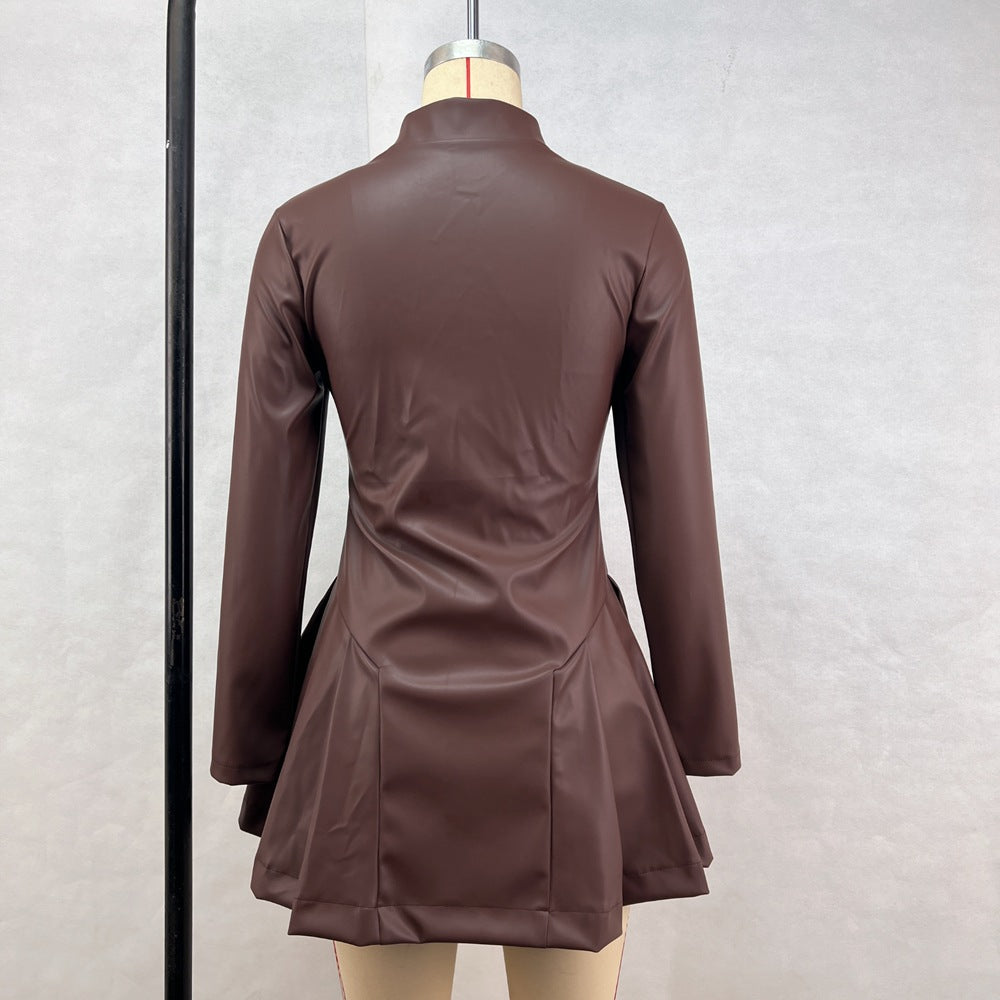 Women Fashionable Fitted Long Sleeve Pleated Faux Leather Zipper Dress