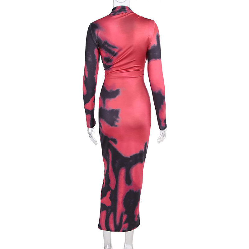 Autumn Winter Women Sexy Sheath Tie Dyed Printed Round Neck Pullover Dress