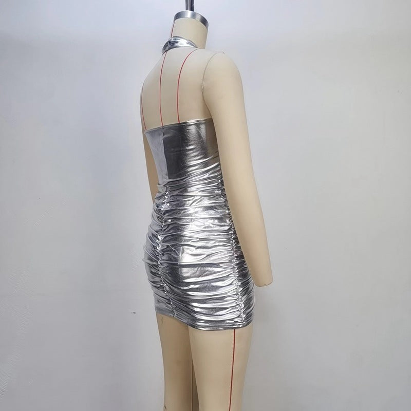 Women Summer Solid Color Pleated Sexy Halter Zipper Slim Fit Sheath Dress Women