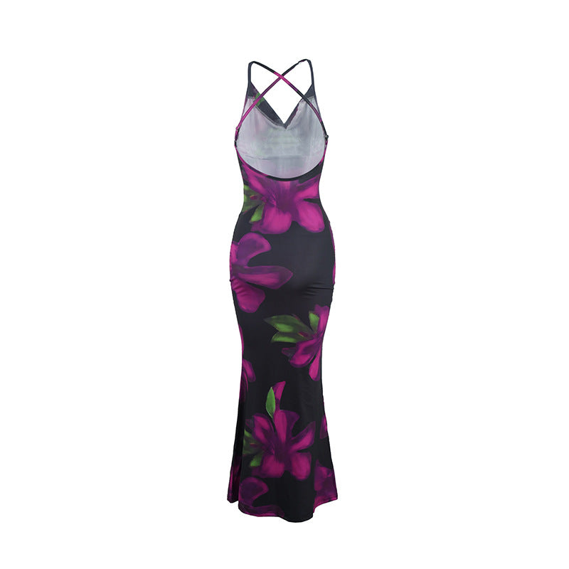 Women Dress Floral Print Cross Shoulder Strap Backless Slim Fit Inner Dress