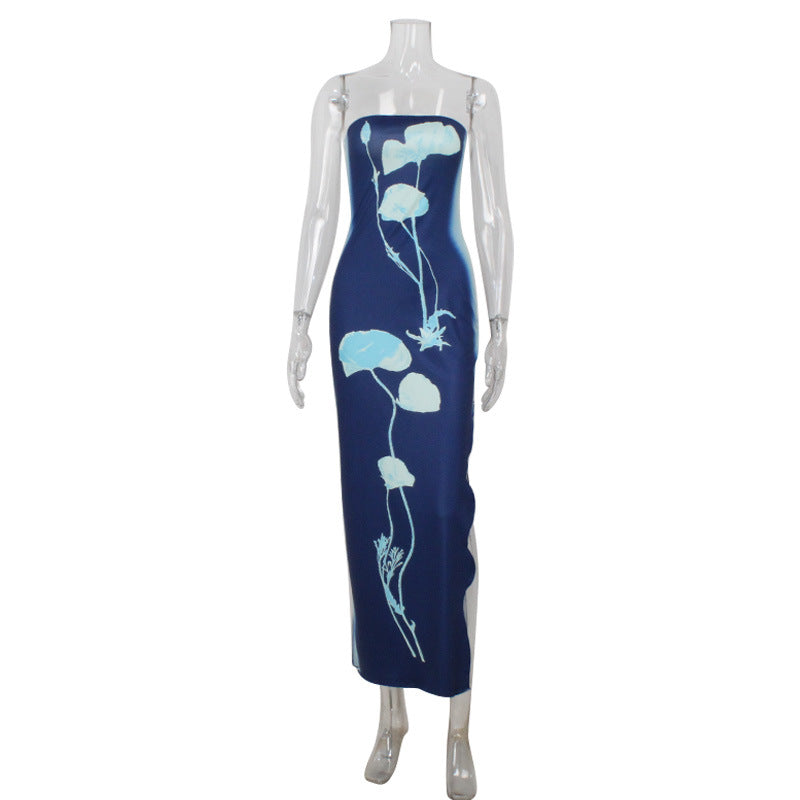 Women Clothing Socialite Tube Top Printed High Slit Close Fitting Slim-Fitting Sheath Dress