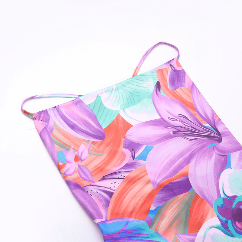 Color Split Dress Backless Printing Slip Dress