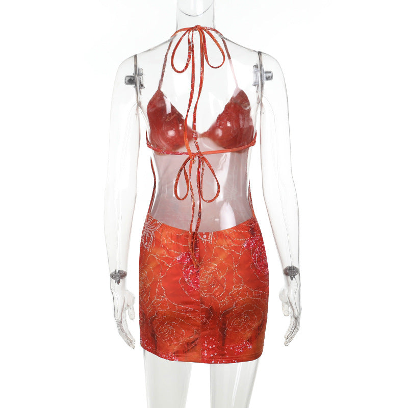 Sexy Backless Halter Printed Rhinestones Hip Sexy Dress Women
