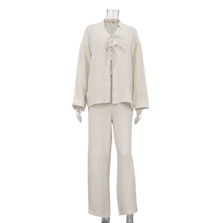 Women Clothing Cotton Champray Long Sleeve Lace up Cardigan Top Loose Trousers Casual Two Piece Set