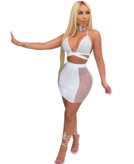New Fashion Nightclub Skirt Drilling Criss Cross Strap Backless Two Piece Set