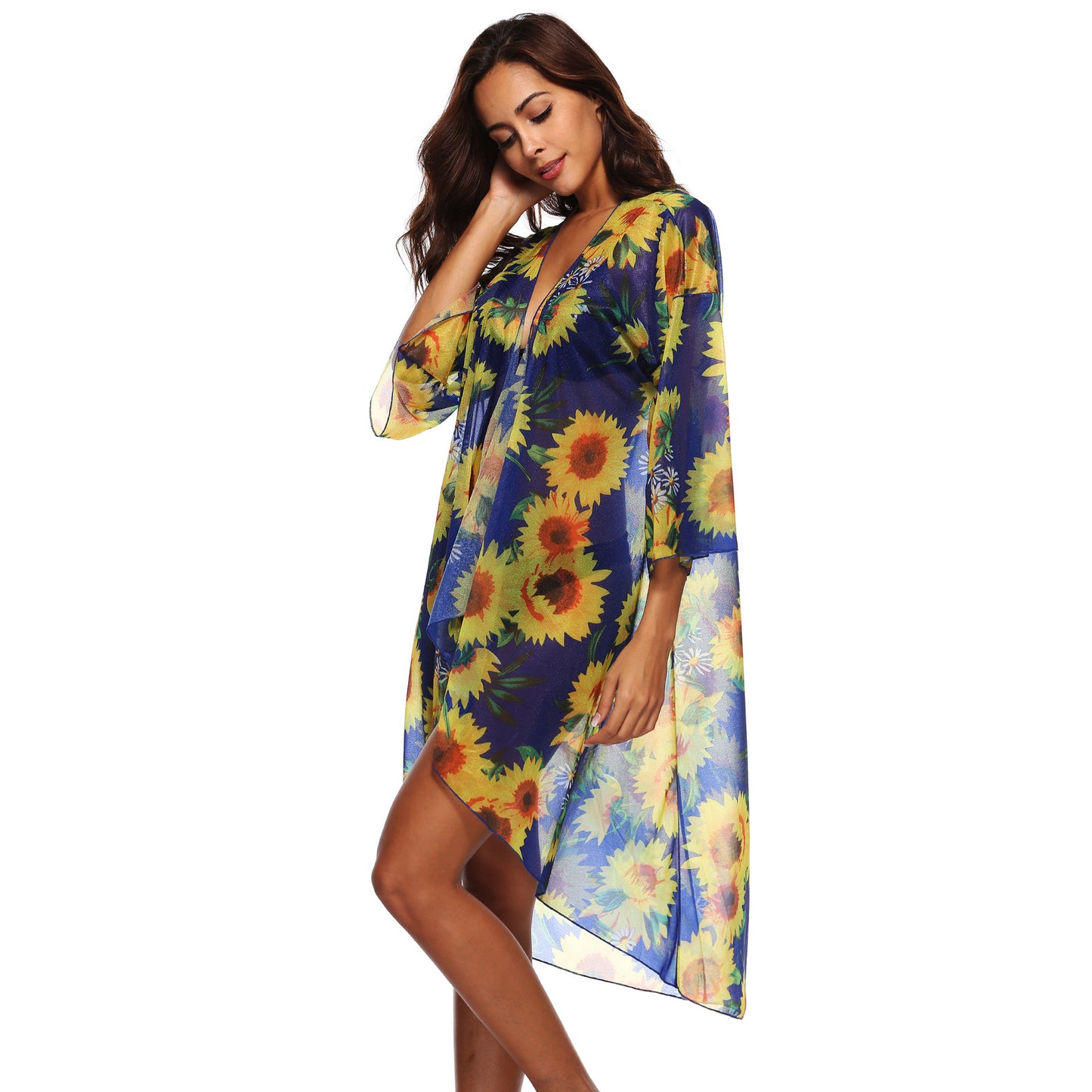 Sunflower Printed Cardigan 3/4 Sleeve Irregular Asymmetric Sexy Loose Sun Protection Dress Coat