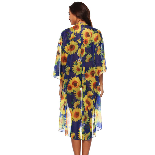 Sunflower Printed Cardigan 3/4 Sleeve Irregular Asymmetric Sexy Loose Sun Protection Dress Coat