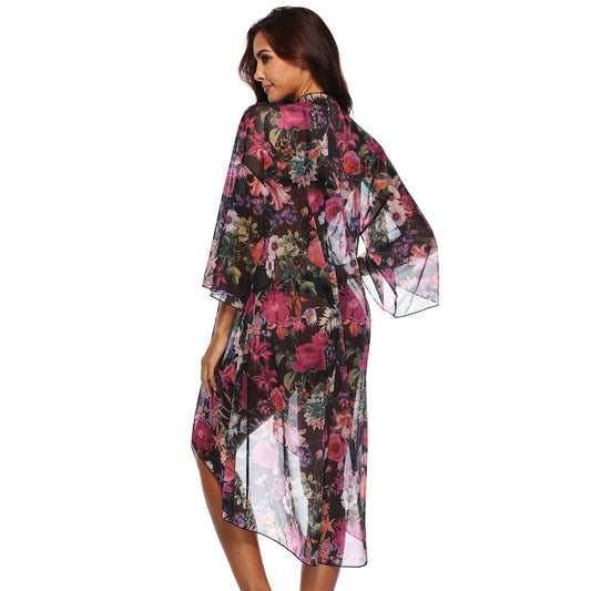 Floral Print Irregular Asymmetric Front Short Back Long Cardigan Three Quarter Sleeve Sun Protective Blouse