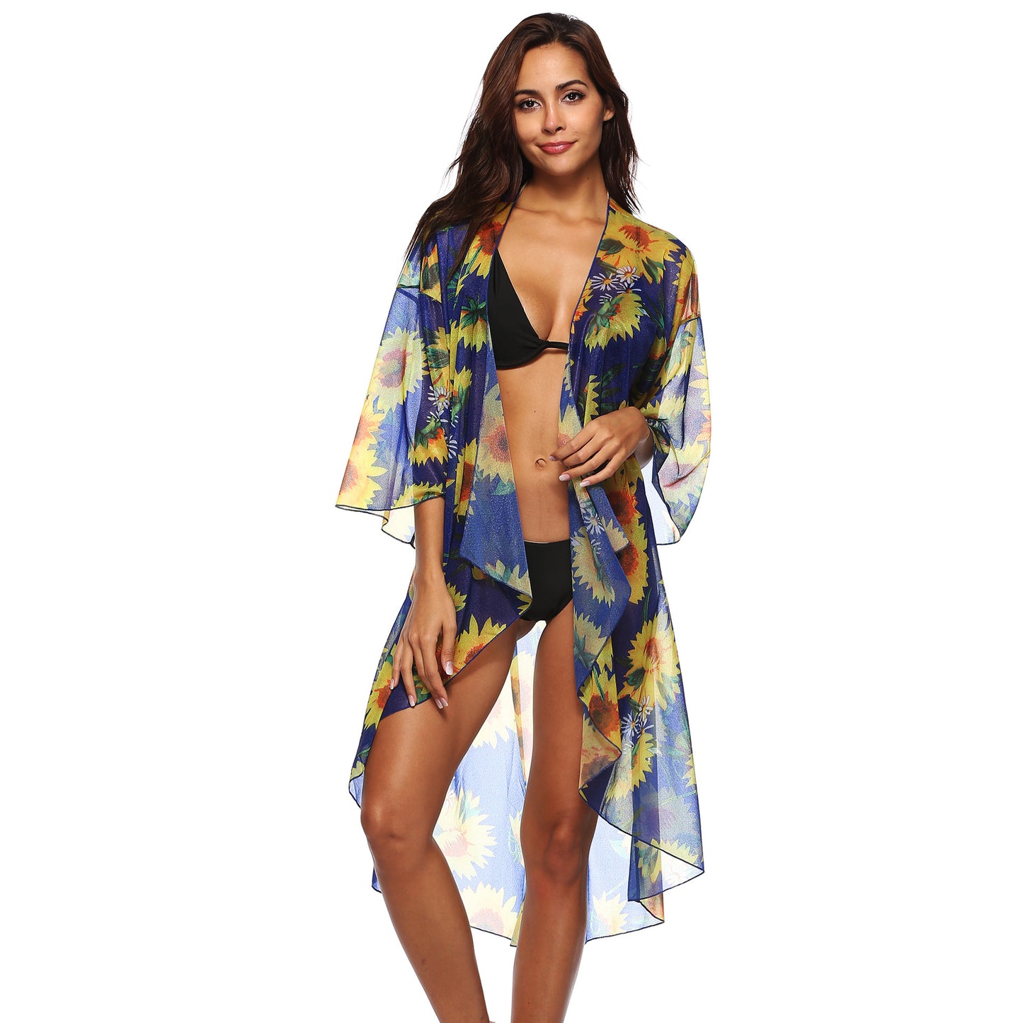 Sunflower Printed Cardigan 3/4 Sleeve Irregular Asymmetric Sexy Loose Sun Protection Dress Coat