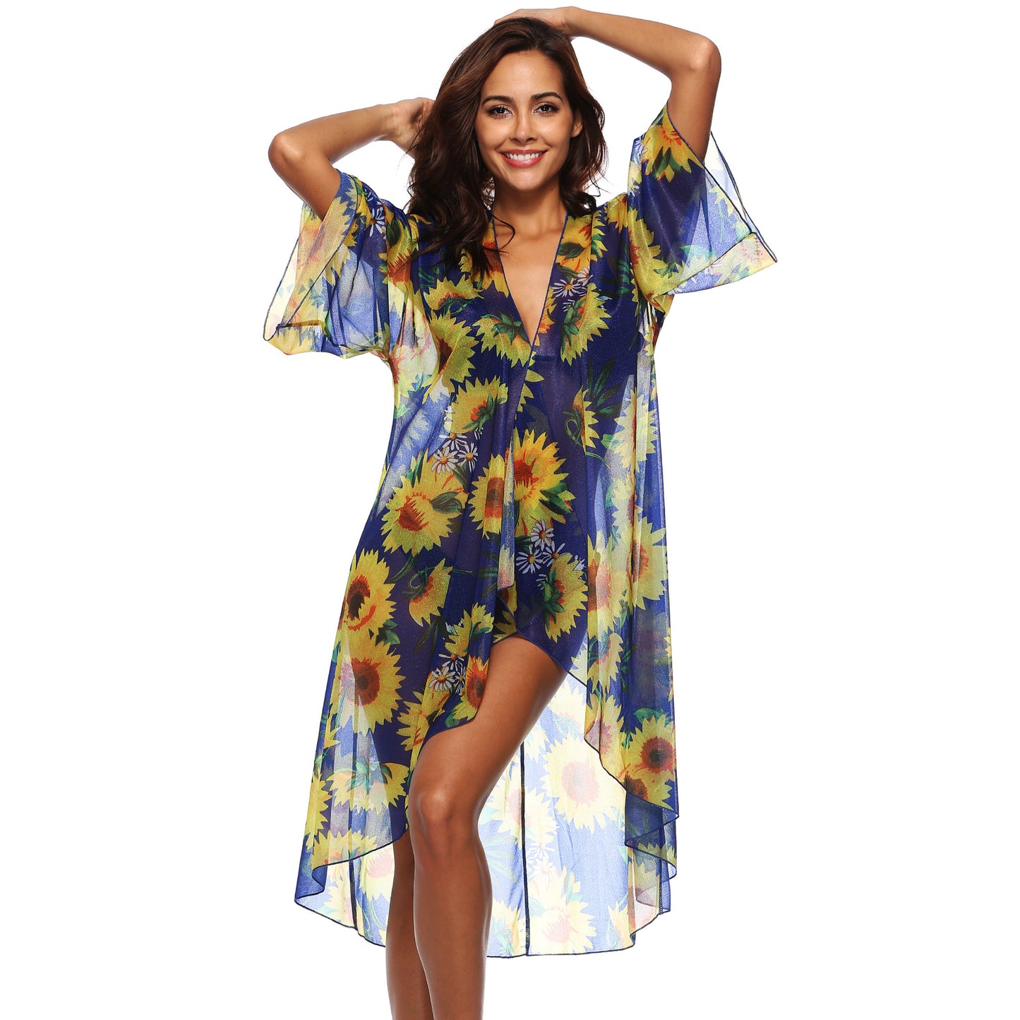 Sunflower Printed Cardigan 3/4 Sleeve Irregular Asymmetric Sexy Loose Sun Protection Dress Coat