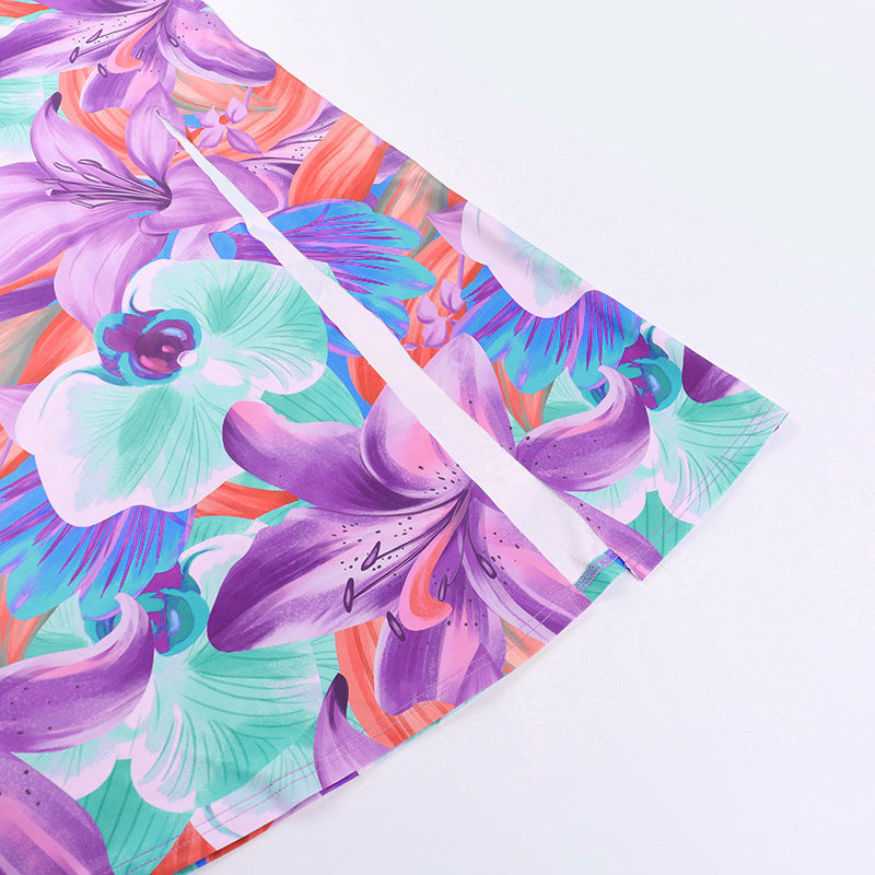 Color Split Dress Backless Printing Slip Dress