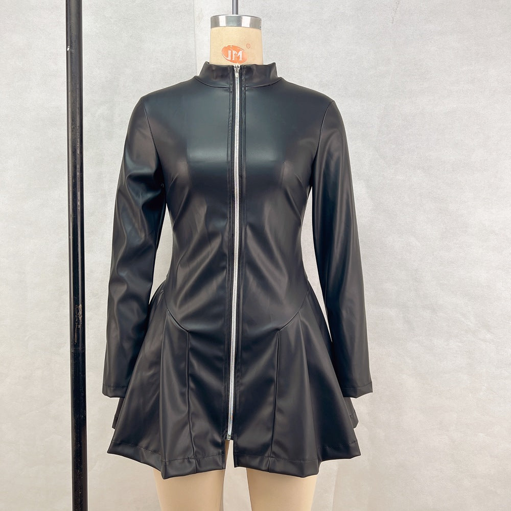 Women Fashionable Fitted Long Sleeve Pleated Faux Leather Zipper Dress