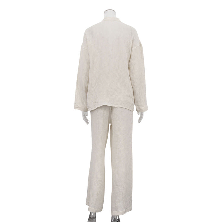 Women Clothing Cotton Champray Long Sleeve Lace up Cardigan Top Loose Trousers Casual Two Piece Set