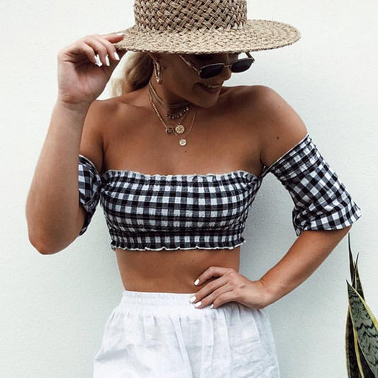 Summer off-Shoulder Tube Top T-shirt Black White Square Plaid Women Tops