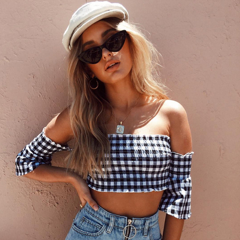 Summer off-Shoulder Tube Top T-shirt Black White Square Plaid Women Tops
