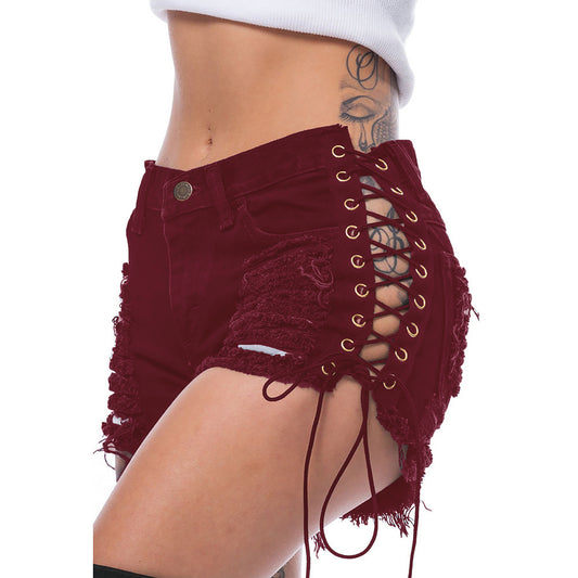 Women Ripped Side Corns Bandage Denim Shorts Women Wear Color Cloth Big Pants