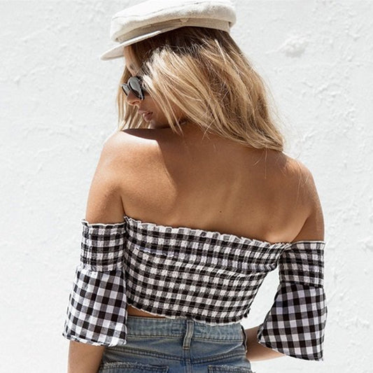 Summer off-Shoulder Tube Top T-shirt Black White Square Plaid Women Tops