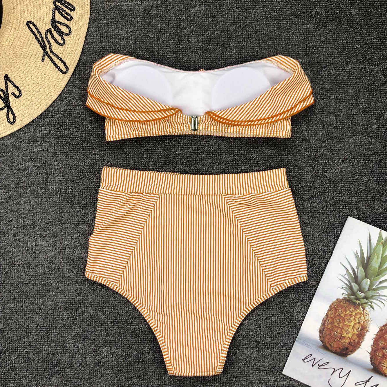 Women Seperated Swimwear Irregular Asymmetric Striped Flounce High Waist Bikini Swimsuit