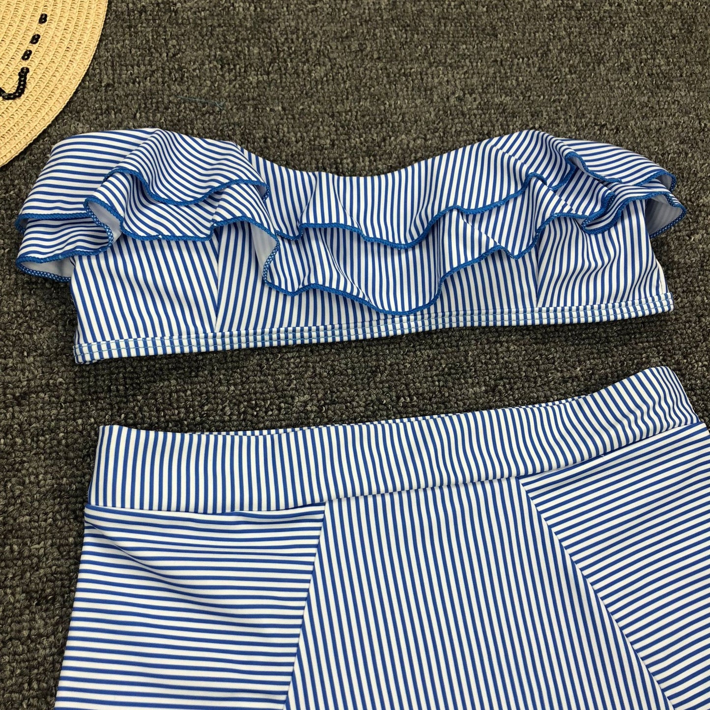 Women Seperated Swimwear Irregular Asymmetric Striped Flounce High Waist Bikini Swimsuit