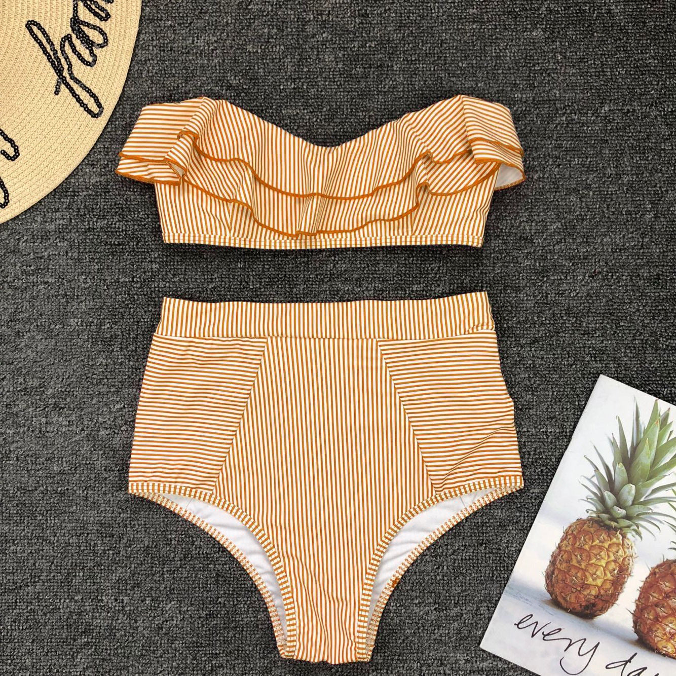 Women Seperated Swimwear Irregular Asymmetric Striped Flounce High Waist Bikini Swimsuit