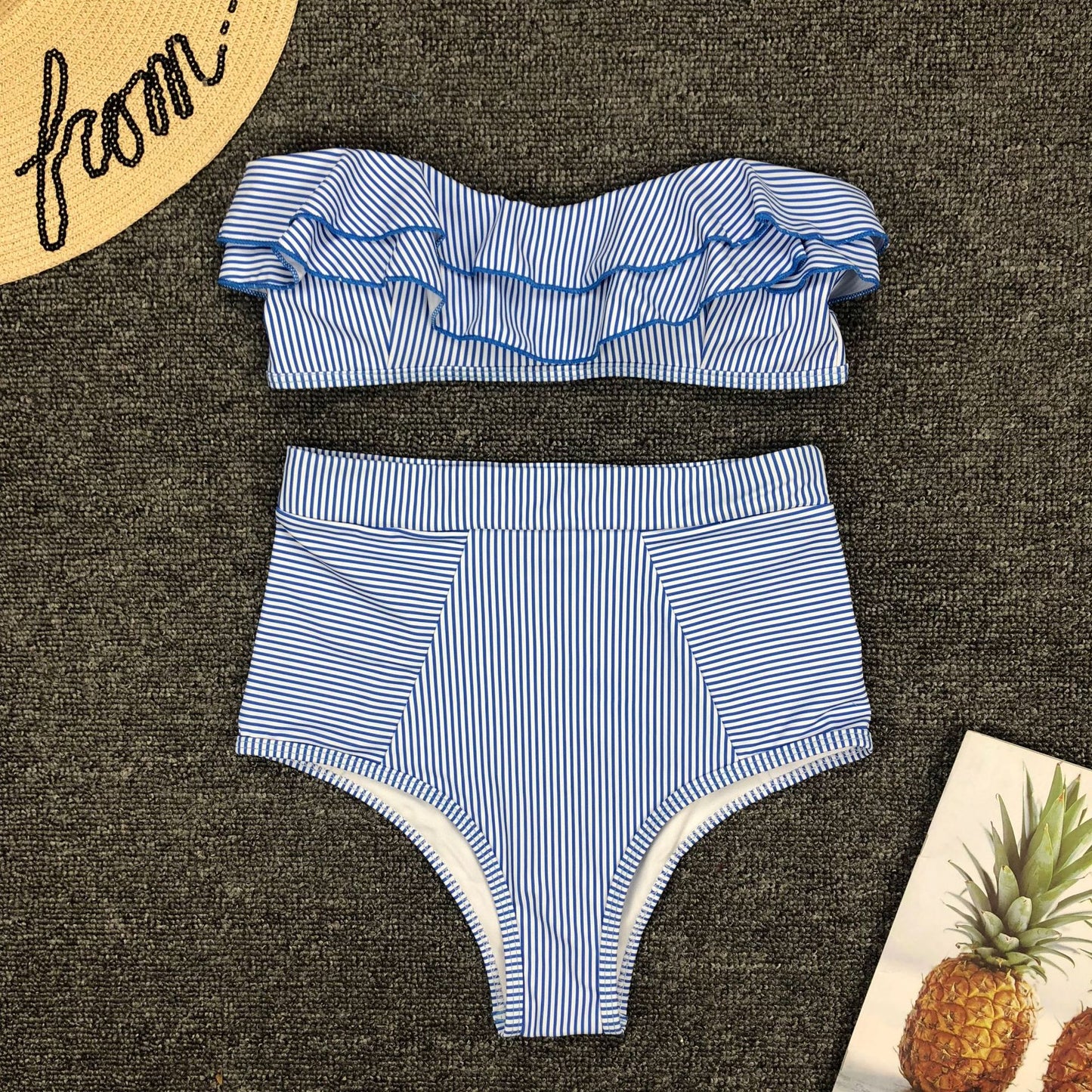 Women Seperated Swimwear Irregular Asymmetric Striped Flounce High Waist Bikini Swimsuit