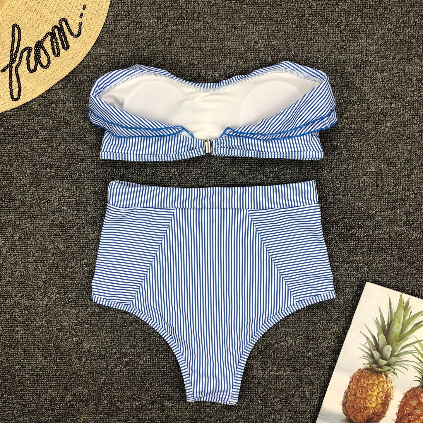 Women Seperated Swimwear Irregular Asymmetric Striped Flounce High Waist Bikini Swimsuit