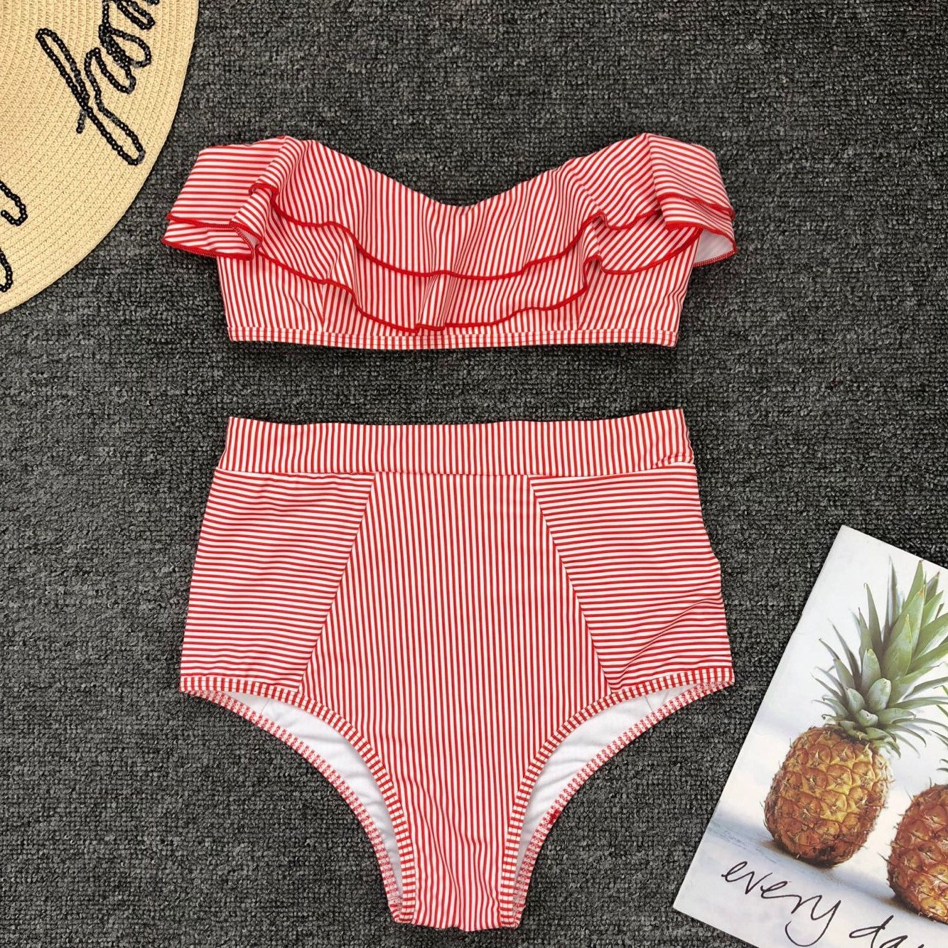 Women Seperated Swimwear Irregular Asymmetric Striped Flounce High Waist Bikini Swimsuit