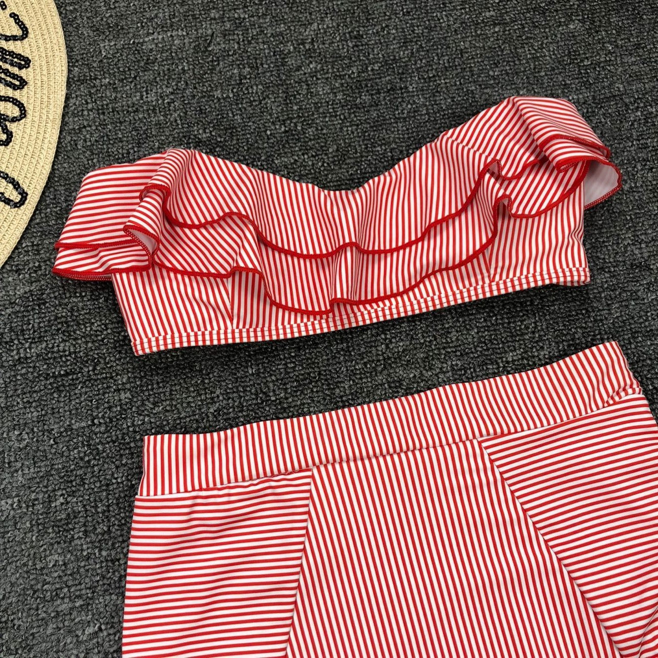 Women Seperated Swimwear Irregular Asymmetric Striped Flounce High Waist Bikini Swimsuit