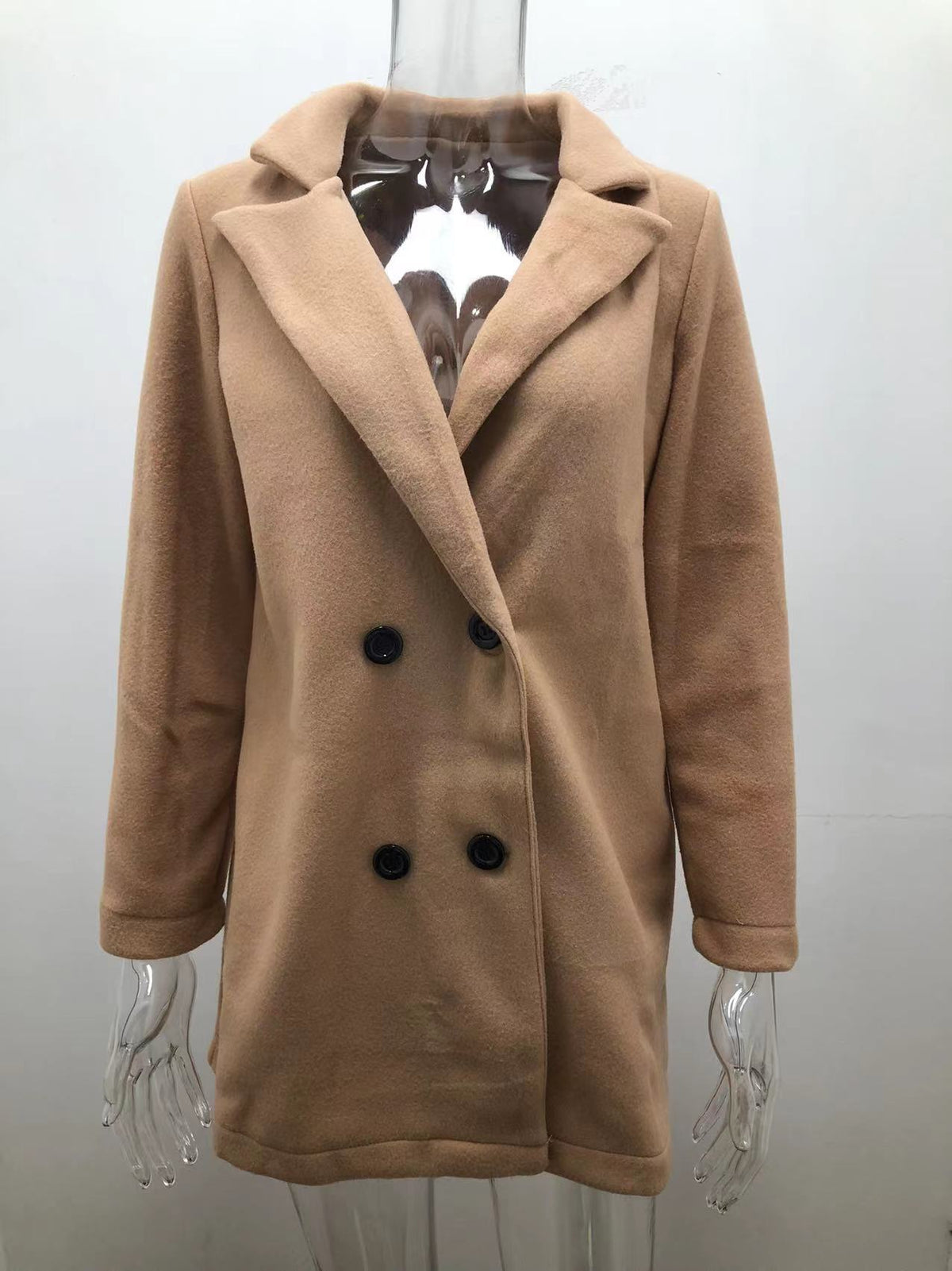 Autumn Winter Solid Color Long Sleeve Double Row Button Blazer Collar Woolen Coat Women