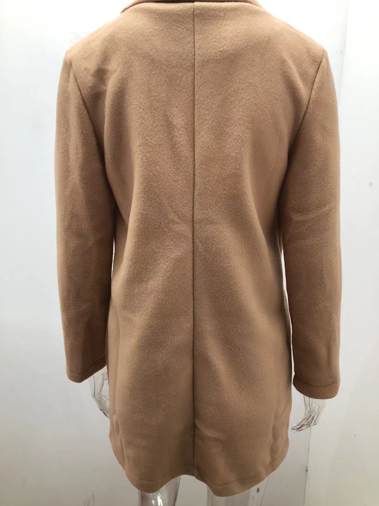 Autumn Winter Solid Color Long Sleeve Double Row Button Blazer Collar Woolen Coat Women