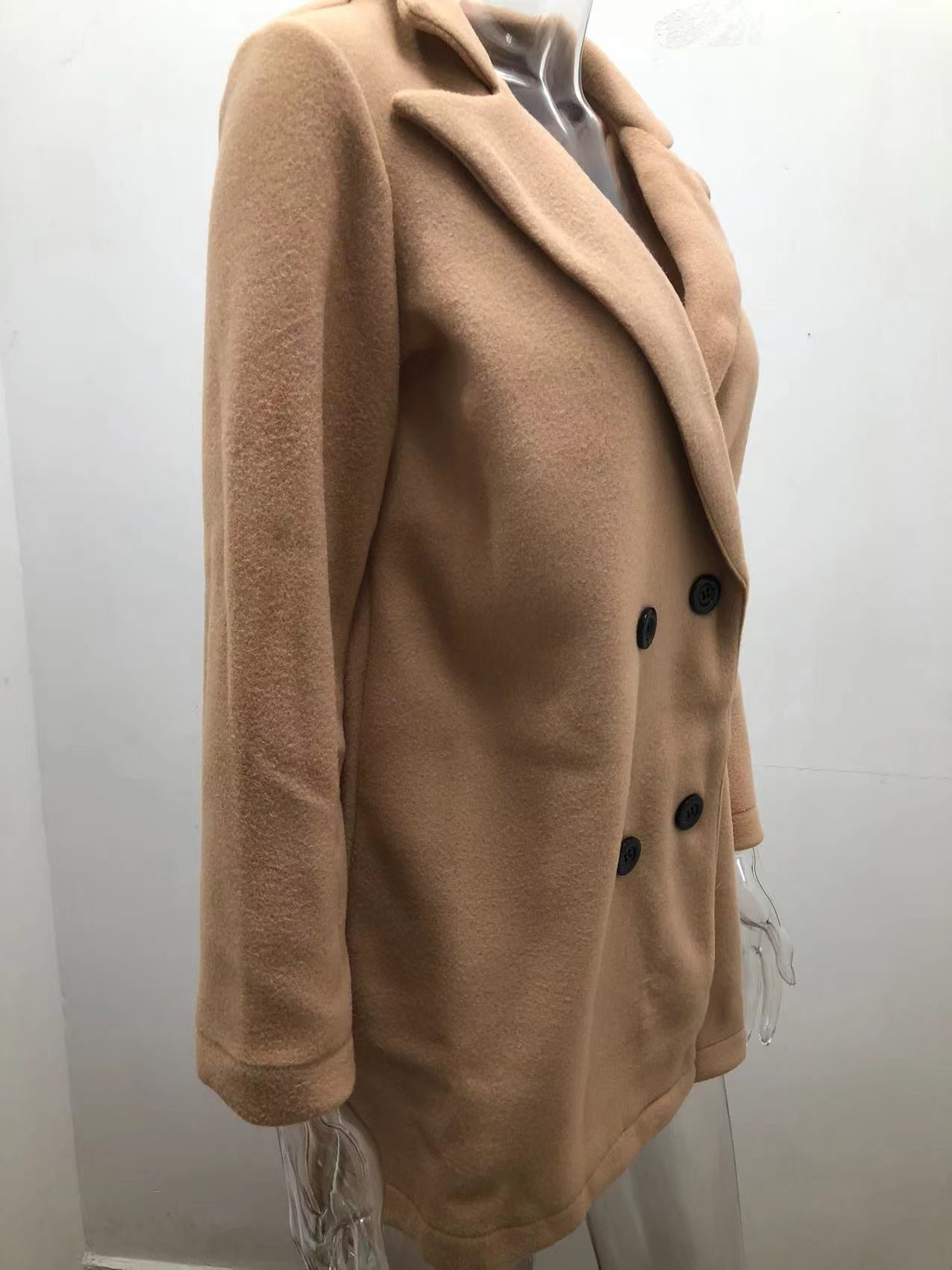 Autumn Winter Solid Color Long Sleeve Double Row Button Blazer Collar Woolen Coat Women