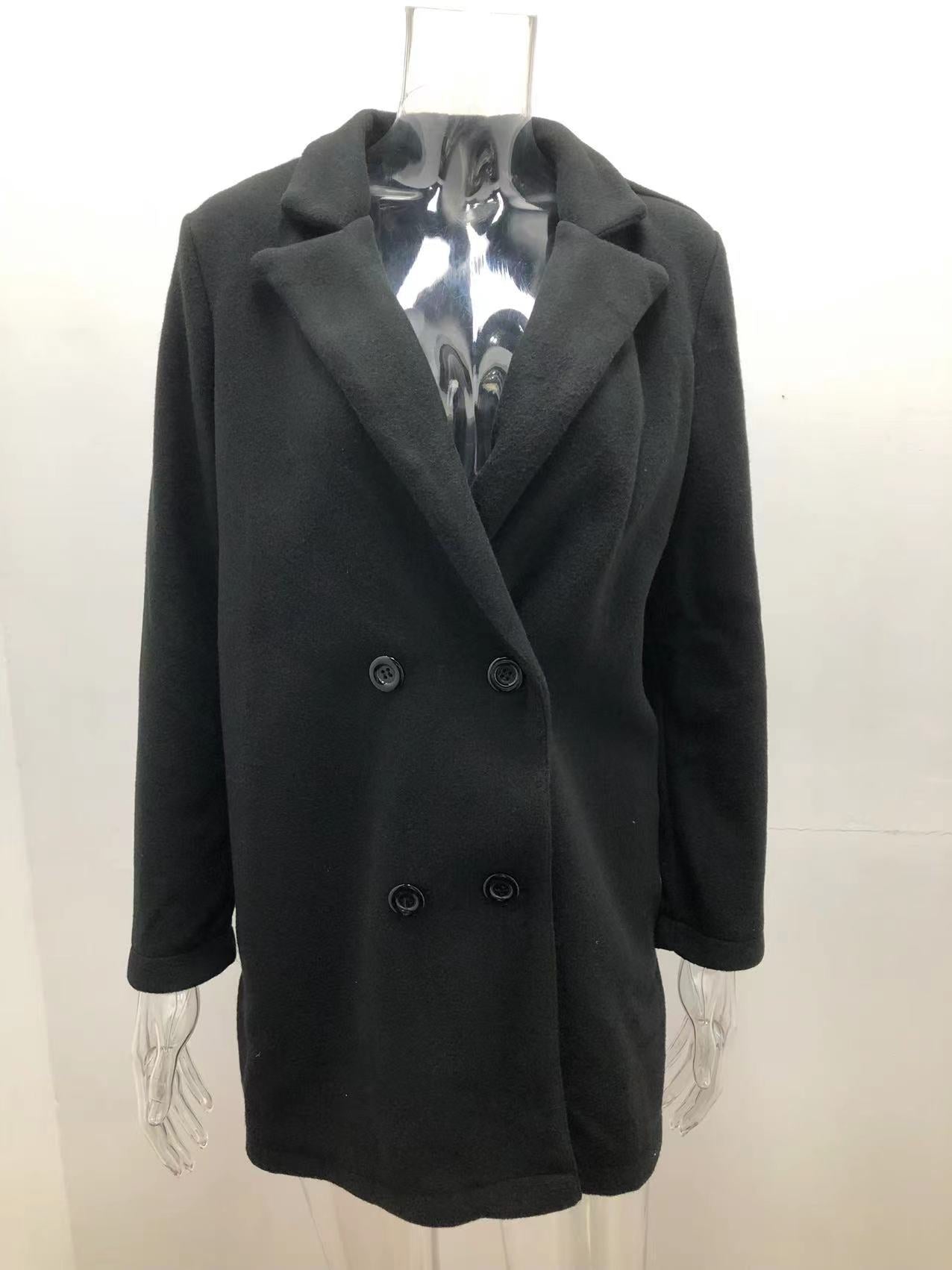 Autumn Winter Solid Color Long Sleeve Double Row Button Blazer Collar Woolen Coat Women