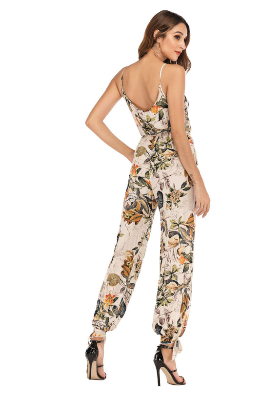 Spring Summer Sexy Backless Tether Deep V Plunge Plunge neck Strap Long Conjoined Trousers