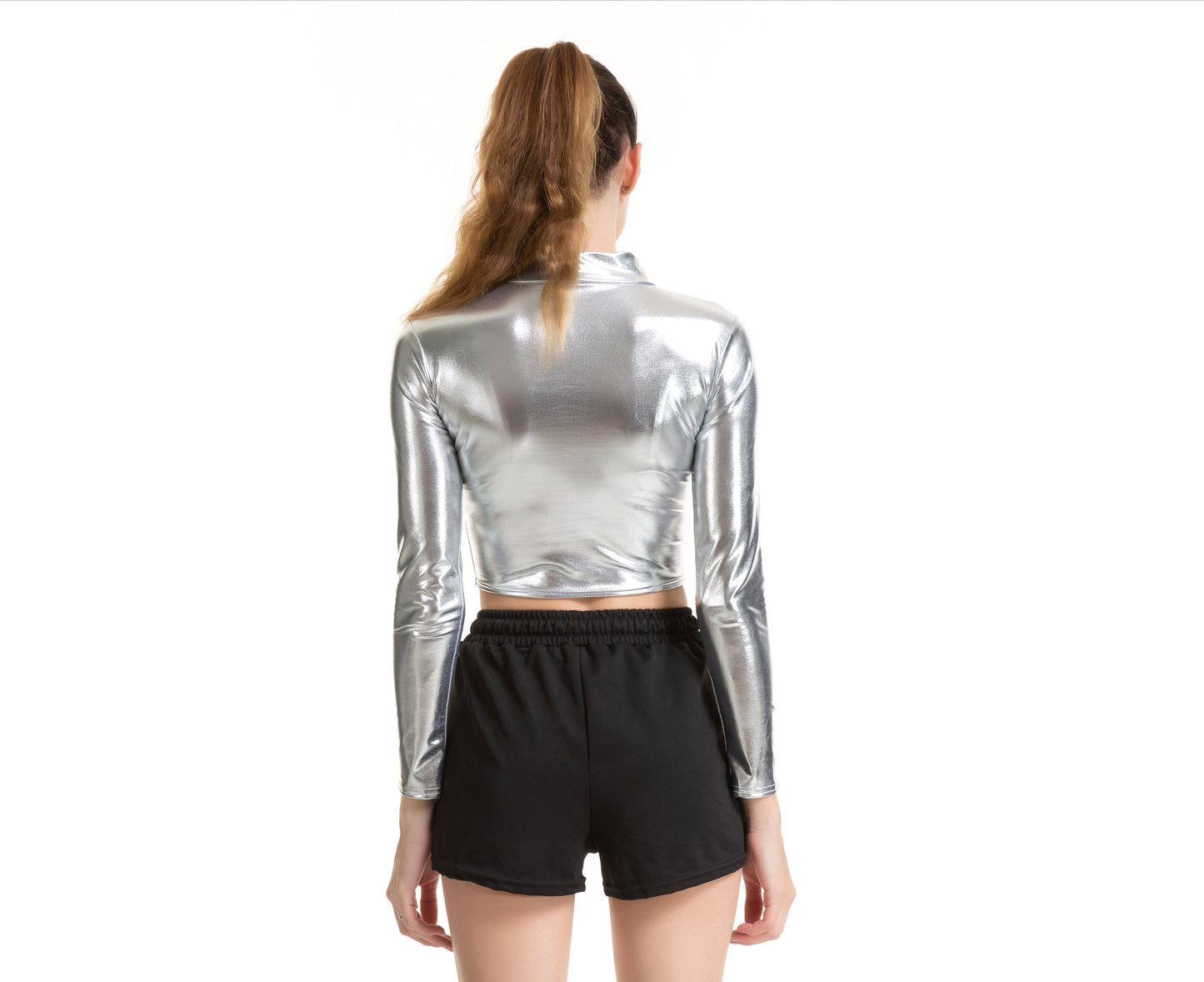 Solid Color Cosplay Glue Performance Wear Slim Patent Leather Long Sleeve Small Turtleneck Women Clothing