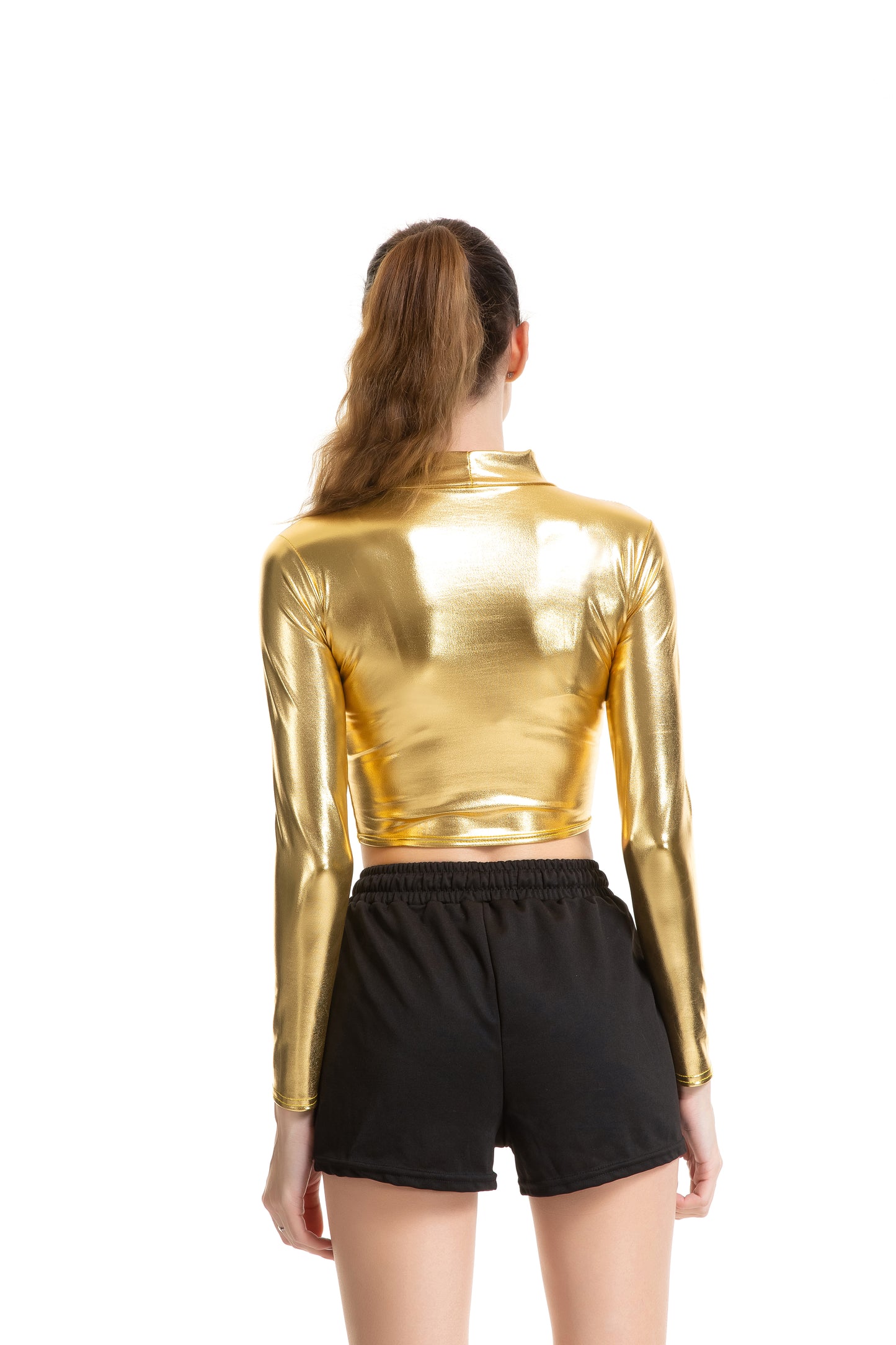 Solid Color Cosplay Glue Performance Wear Slim Patent Leather Long Sleeve Small Turtleneck Women Clothing