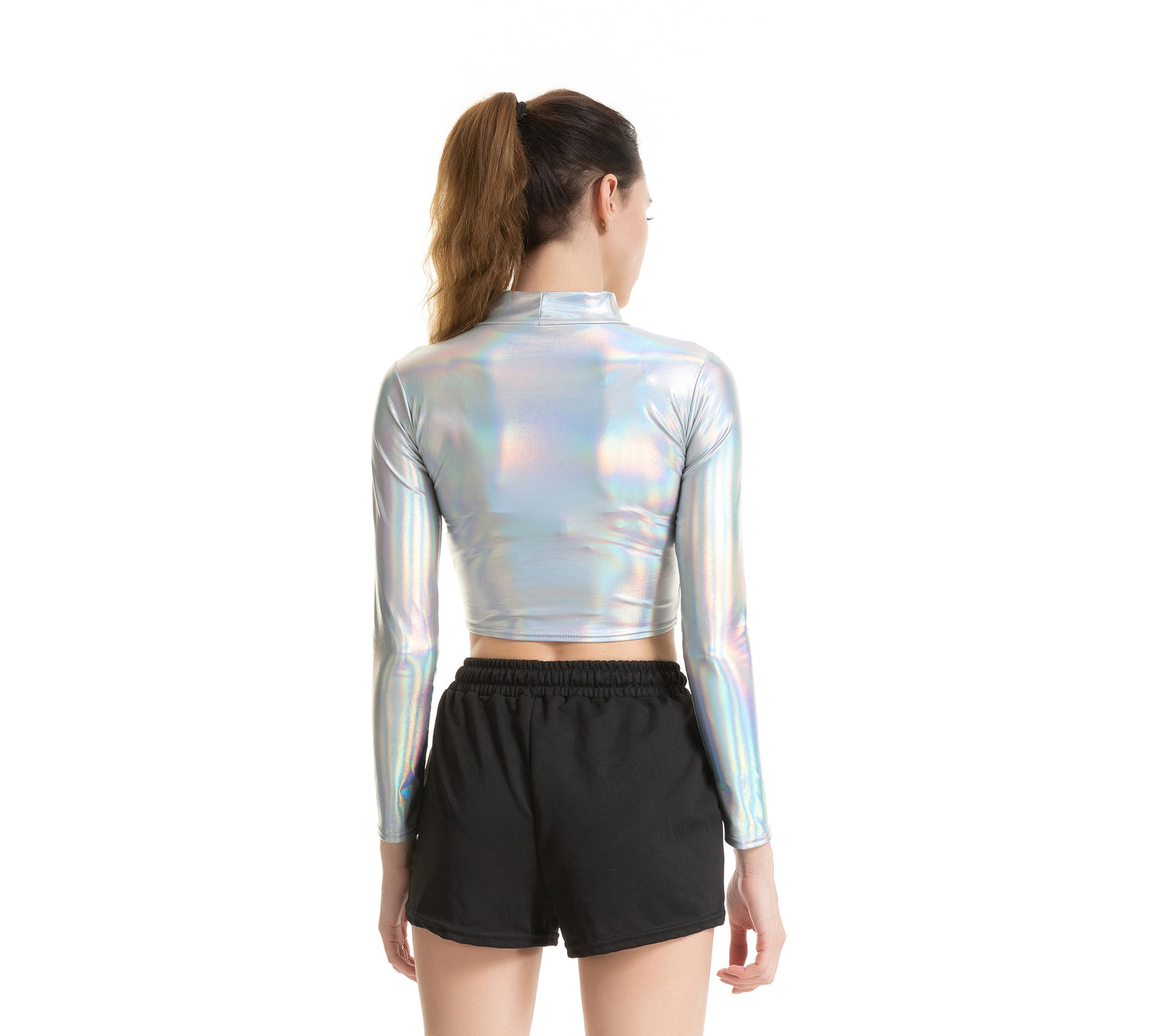 Solid Color Cosplay Glue Performance Wear Slim Patent Leather Long Sleeve Small Turtleneck Women Clothing