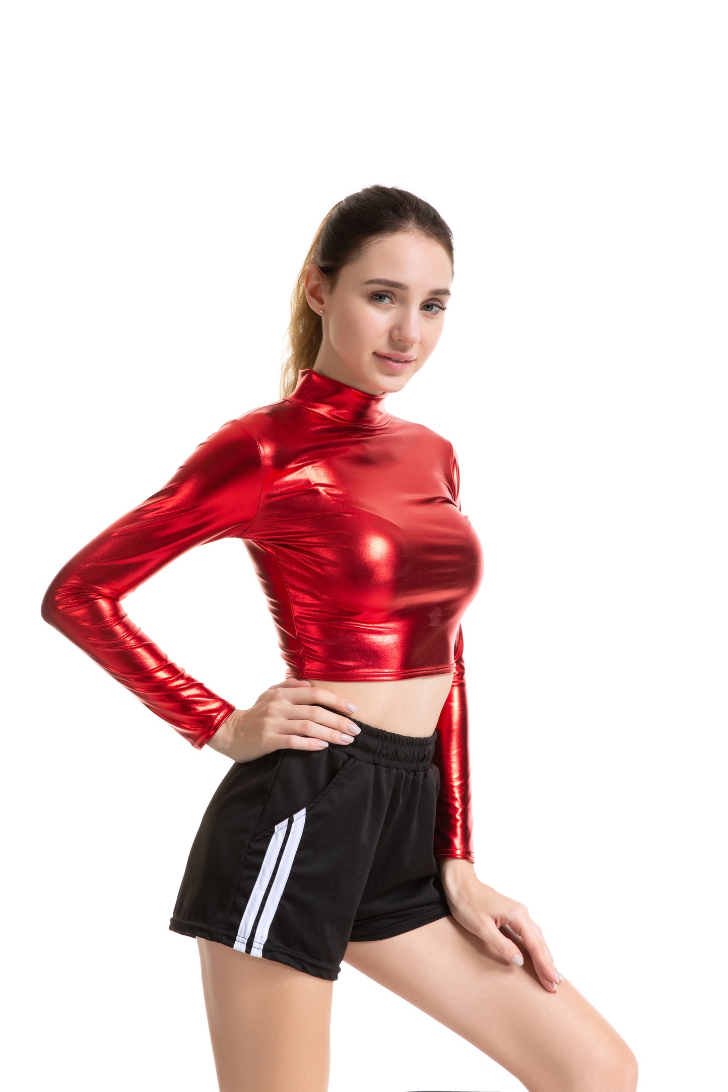 Solid Color Cosplay Glue Performance Wear Slim Patent Leather Long Sleeve Small Turtleneck Women Clothing
