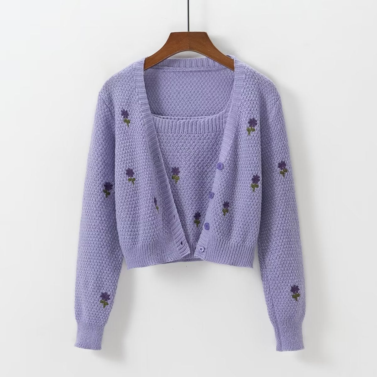 Spring Summer Two-Piece Embroidery Sweater Casual Top V-neck Slim Sweater for Women
