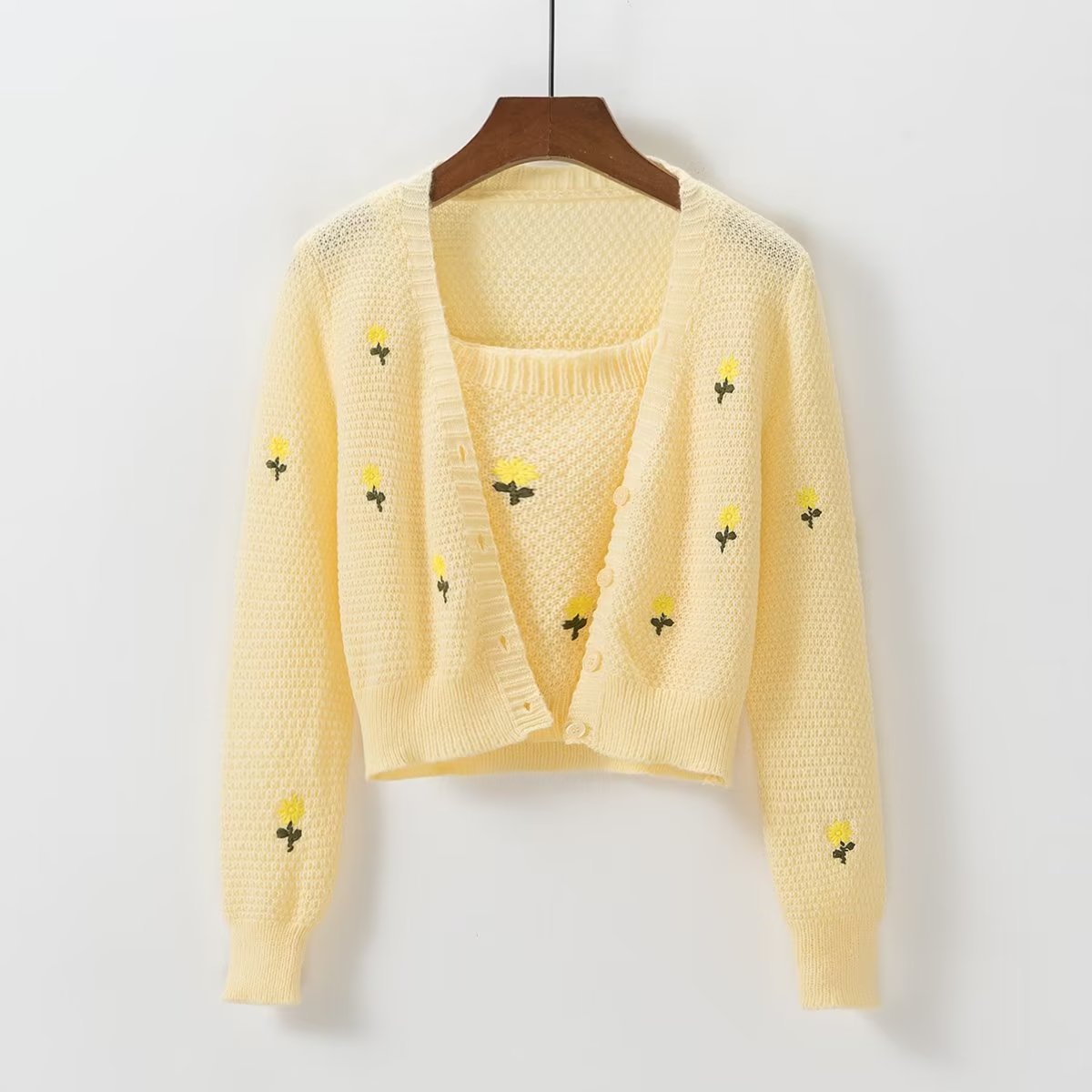 Spring Summer Two-Piece Embroidery Sweater Casual Top V-neck Slim Sweater for Women