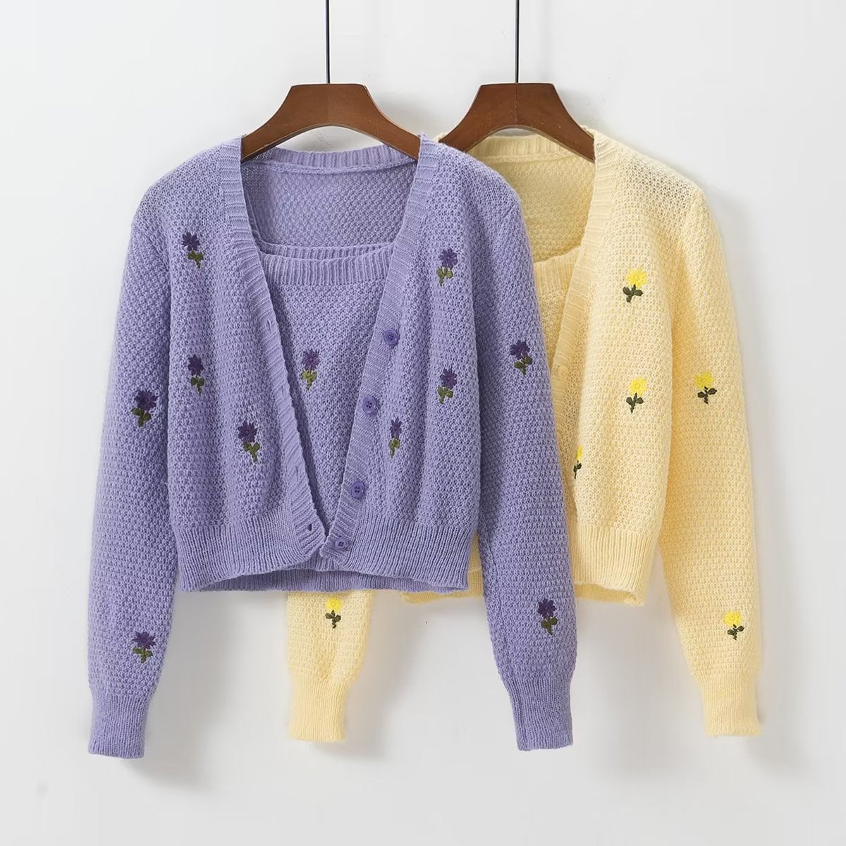 Spring Summer Two-Piece Embroidery Sweater Casual Top V-neck Slim Sweater for Women