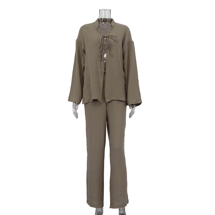 Women Clothing Cotton Champray Long Sleeve Lace up Cardigan Top Loose Trousers Casual Two Piece Set