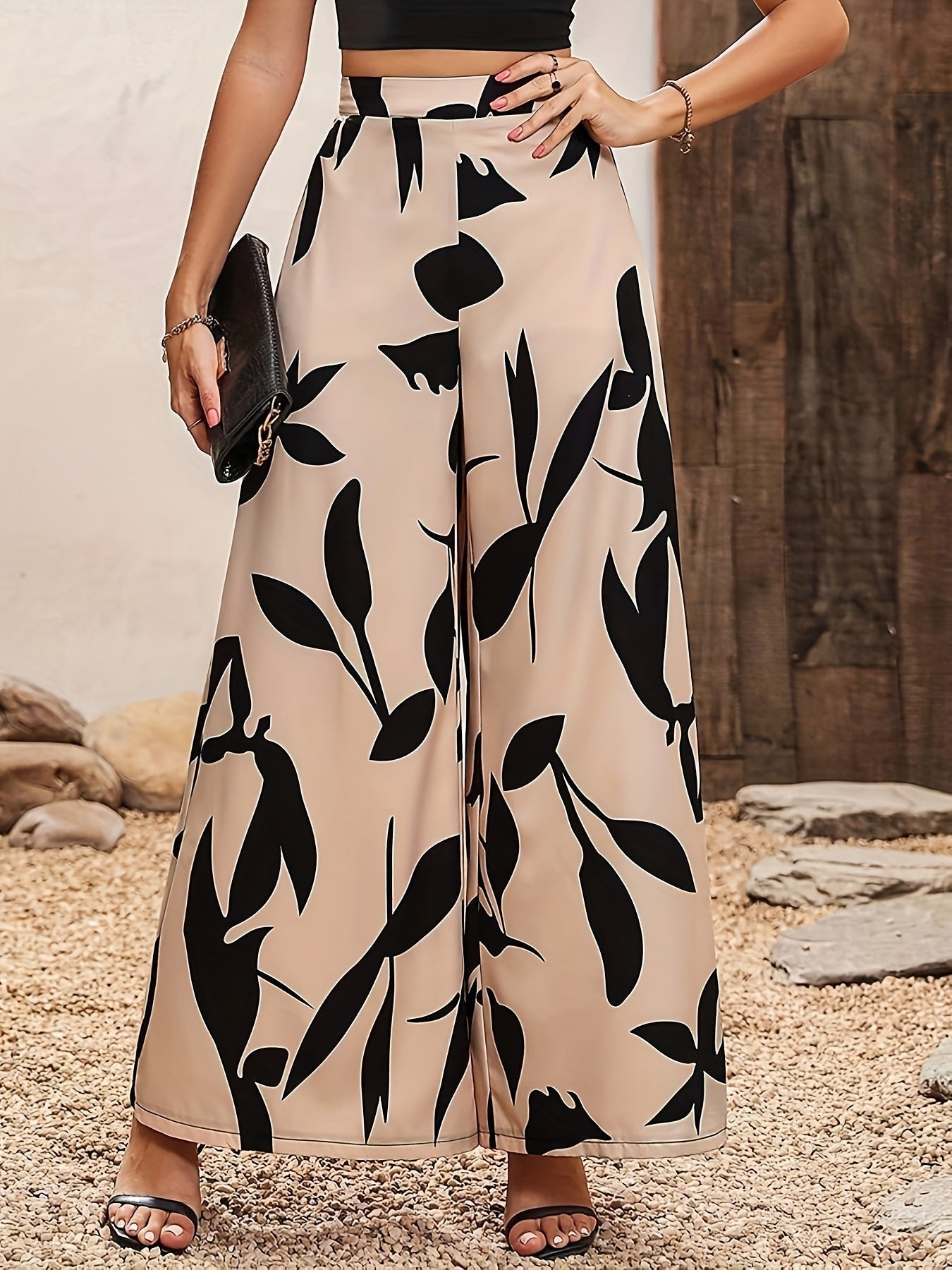 Women Clothing Spring Autumn Pants Leaf Printing High Waist Drooping Wide Leg Casual Pants