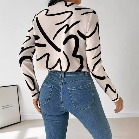 Autumn Winter Elegant Ladies Casual Abstract Printing Open Front Jacket Top Women Clothing
