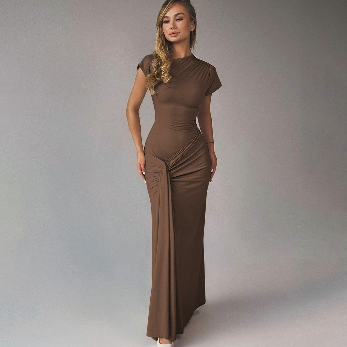 Women Clothing Autumn Slim Pleated Lace Up Short Sleeve Dress Women